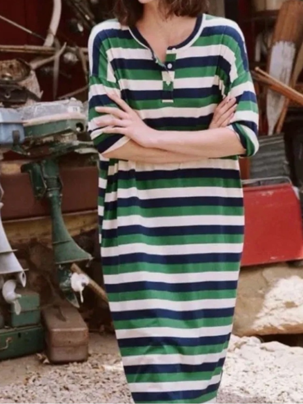 THE GREAT. Henley Maxi Dress in Juniper Stripe